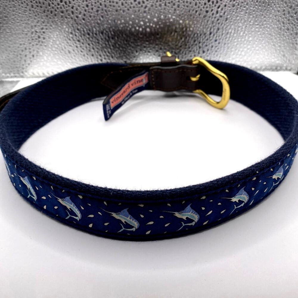 Vineyard Vines Navy Blue Swordfish Canvas Club Belt Brass Buckle Preppy Sz 24 - Picture 5 of 6